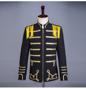 Men's black with yellow tassel jazz dance coats for youth European court style nightclub bar singer host choir performance suits military dance performance jackets